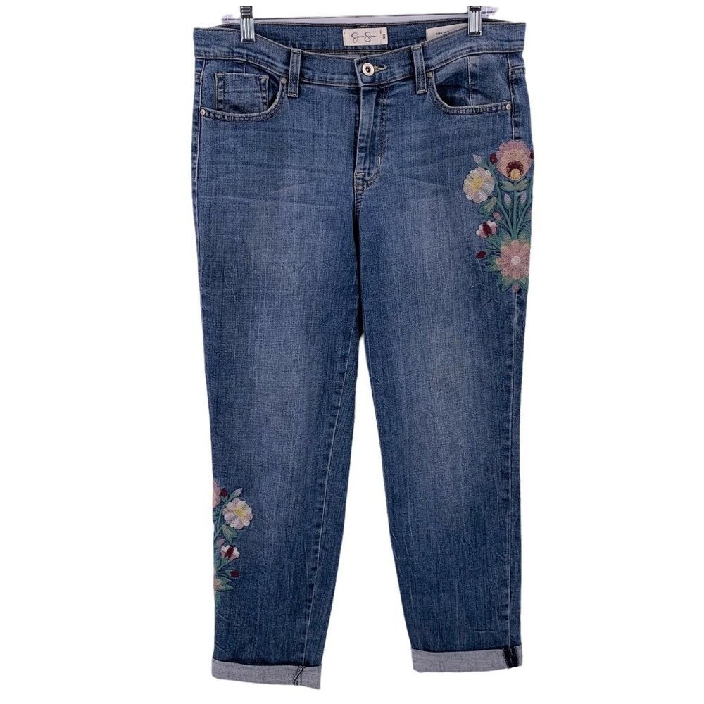 Jessica Simpson MIKA Best Friend Boho Floral Embroidered Cropped Jeans Size 28